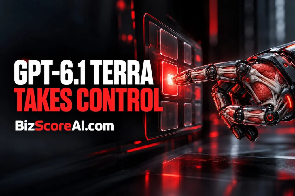 Gpt-6.1 Terra robotic hand operating a glowing touchscreen interface