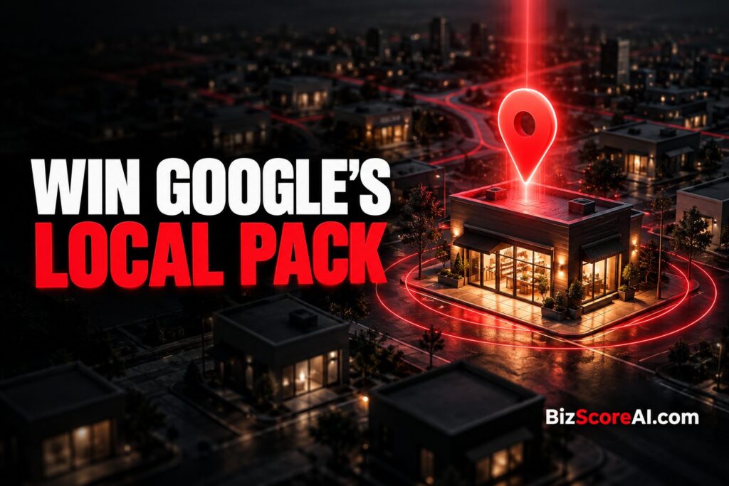 Glowing map pin over a storefront illustrating local SEO Visibility