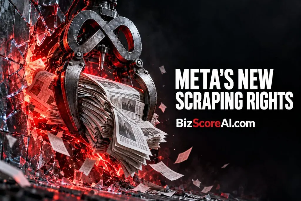 Robotic machine claw crushing newspapers to illustrate Meta commercial terms scraping of news content