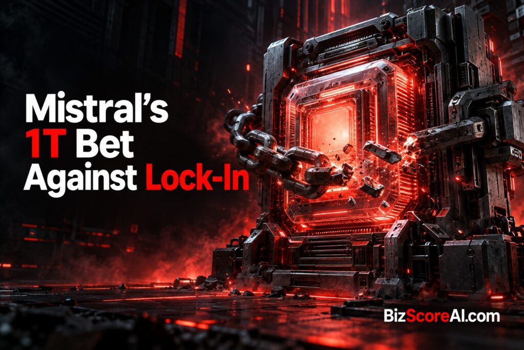 Mistral Large 4 preview depicted as a glowing red AI core breaking chains