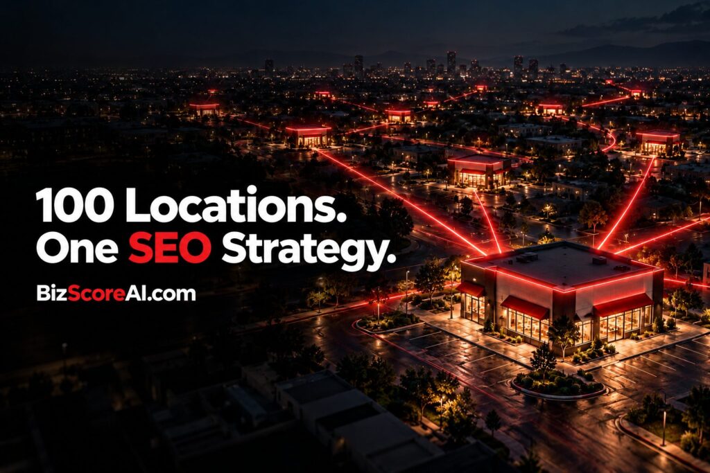 Multi-location SEO visualized across a city of connected storefronts at night