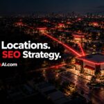 Multi-location SEO visualized across a city of connected storefronts at night