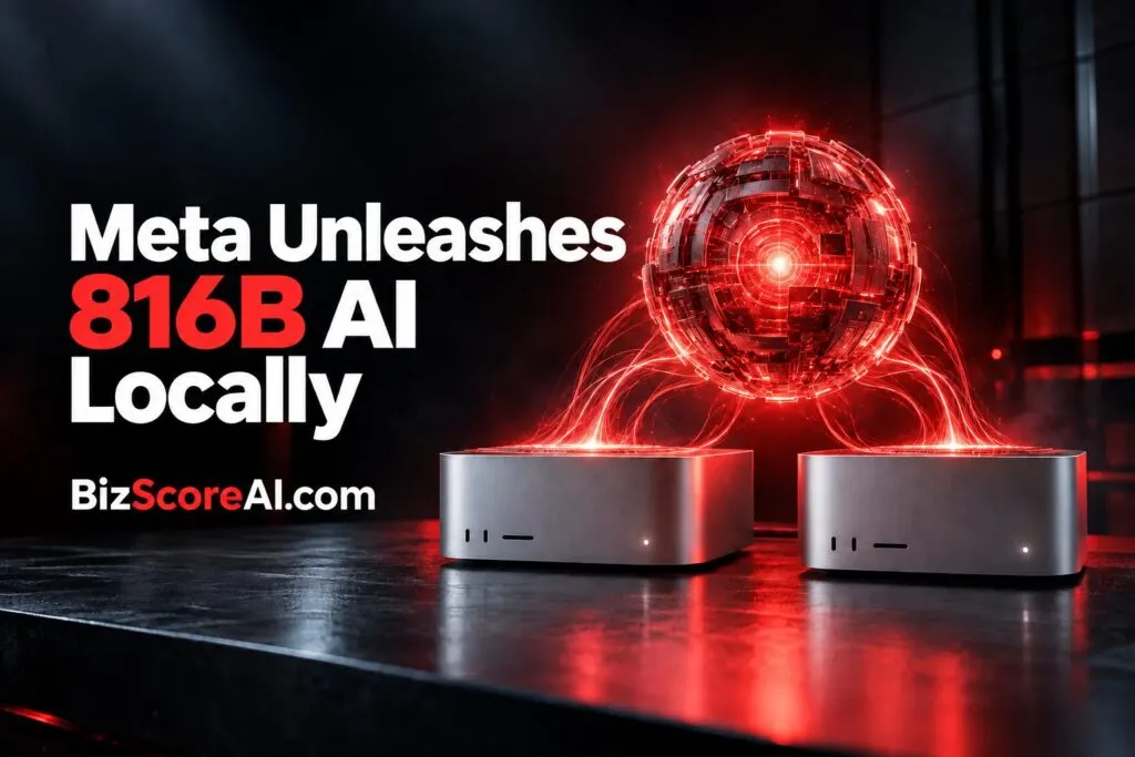 Muse Spark Open represented as a glowing red AI sphere above desktop hardware