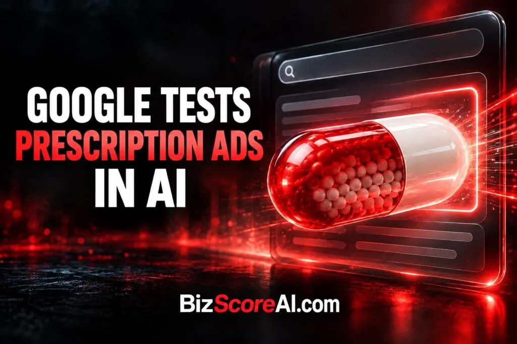 Pharmaceutical ads AI Mode tested by Google on a glowing digital interface