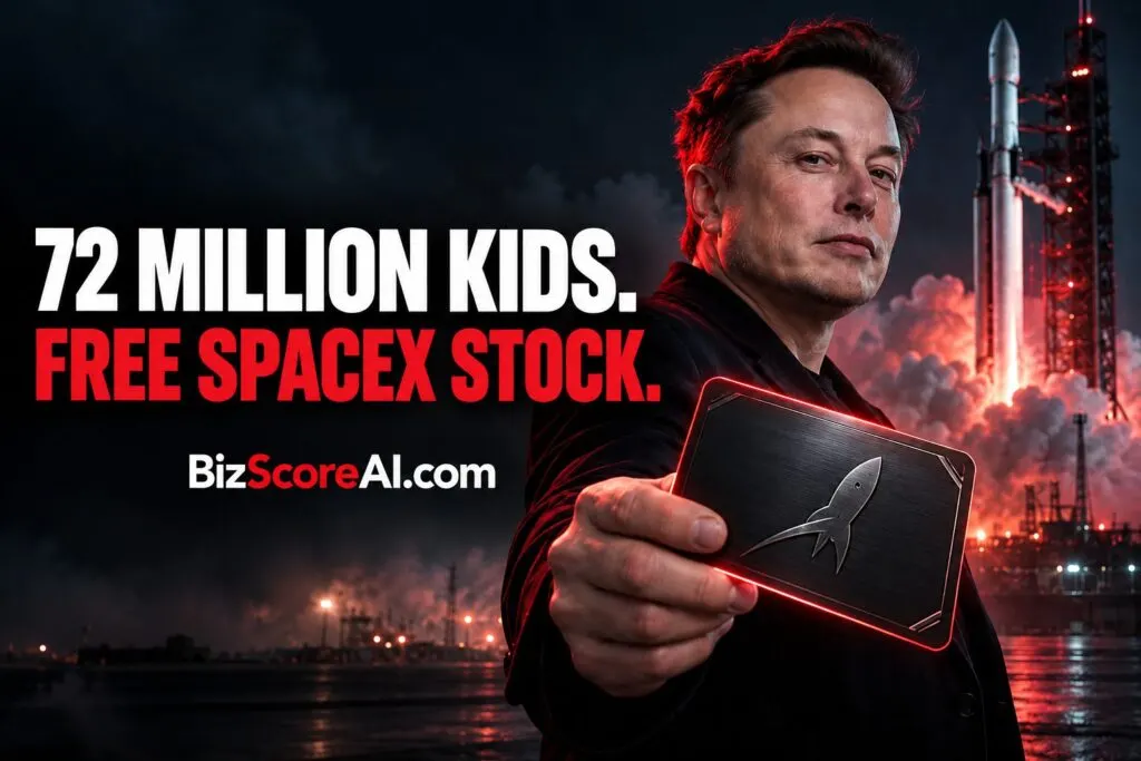 Elon Musk extending a SpaceX free share card before a launching rocket