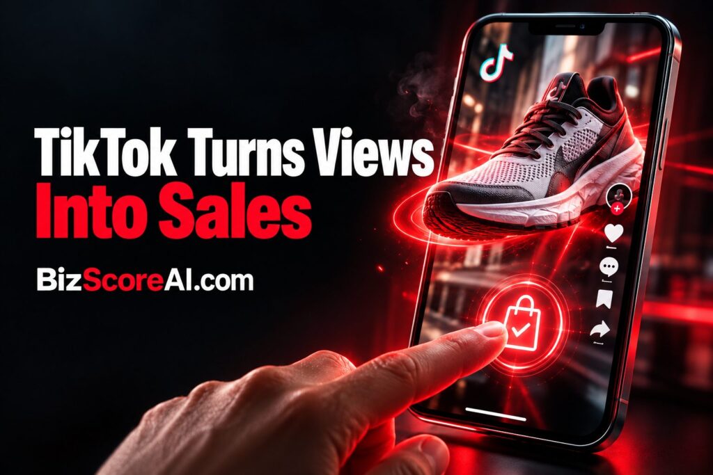 Finger tapping a sneaker checkout button on a TikTok AI shopping feed