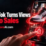 Finger tapping a sneaker checkout button on a TikTok AI shopping feed