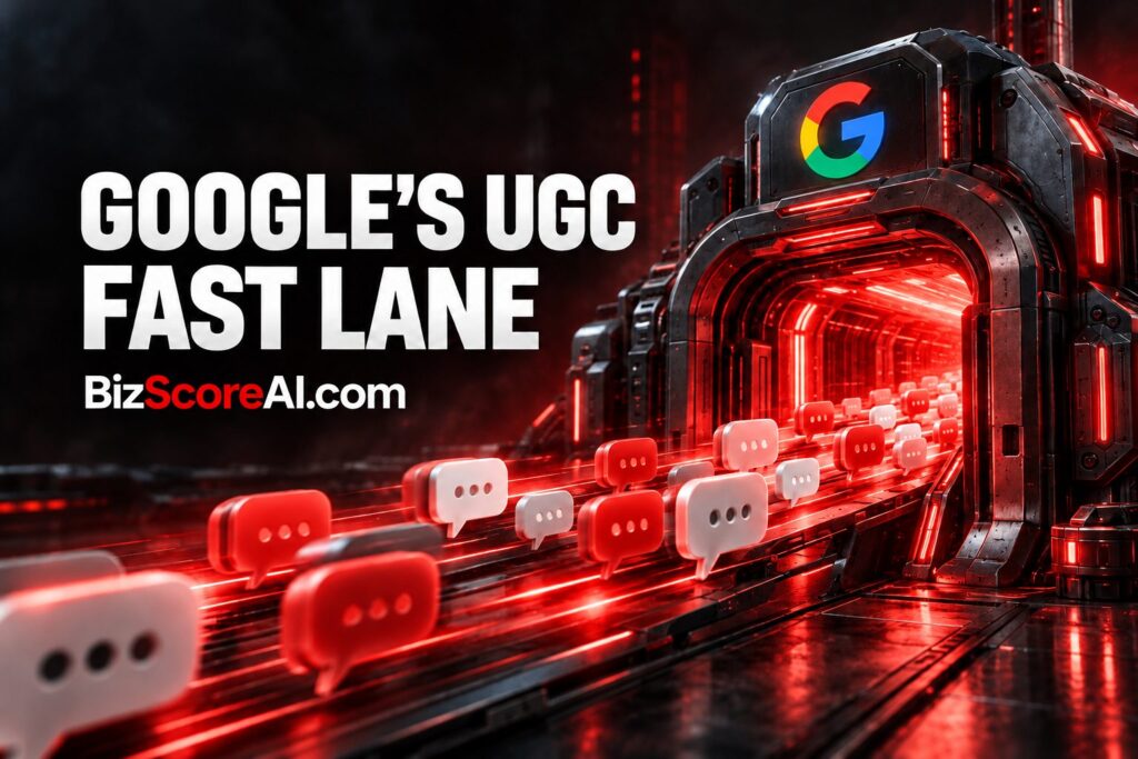 Google's UGC Fresh Data Program funneling chat icons through a glowing red indexing tunnel