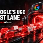 Google's UGC Fresh Data Program funneling chat icons through a glowing red indexing tunnel
