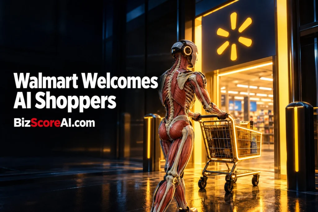 Walmart AI agent shopping robot pushing cart into store