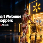 Walmart AI agent shopping robot pushing cart into store