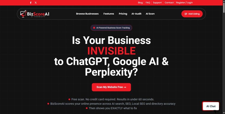 The BizScoreAI platform scoring a business for AI visibility across ChatGPT, Google AI and Perplexity