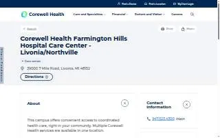 Corewell Health Farmington Hills Hospital Care Center - Livonia/Northville website