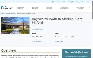 Bayhealth Walk In Medical Care, Milford website