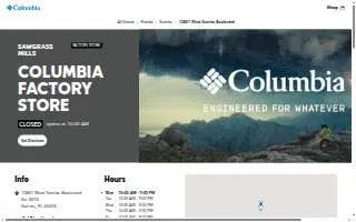 Columbia Factory Store of Sunrise website