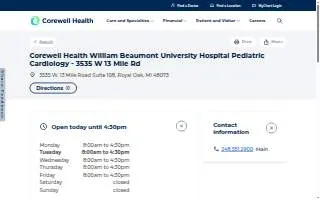 Corewell Health William Beaumont University Hospital Pediatric Cardiology website