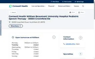 Corewell Health William Beaumont University Hospital Pediatric Speech Therapy of Southfield website