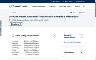 Corewell Health Beaumont Troy Hospital Children's After-Hours website