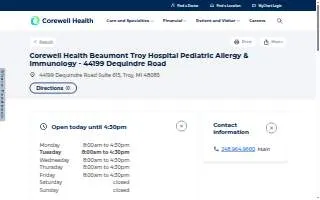 Corewell Health Beaumont Troy Hospital Pediatric Allergy & Immunology - 44199 Dequindre Road website