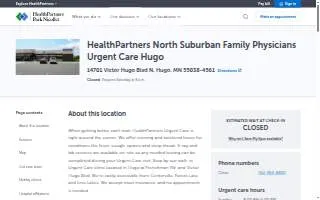 HealthPartners North Suburban Family Physicians Urgent Care Hugo website